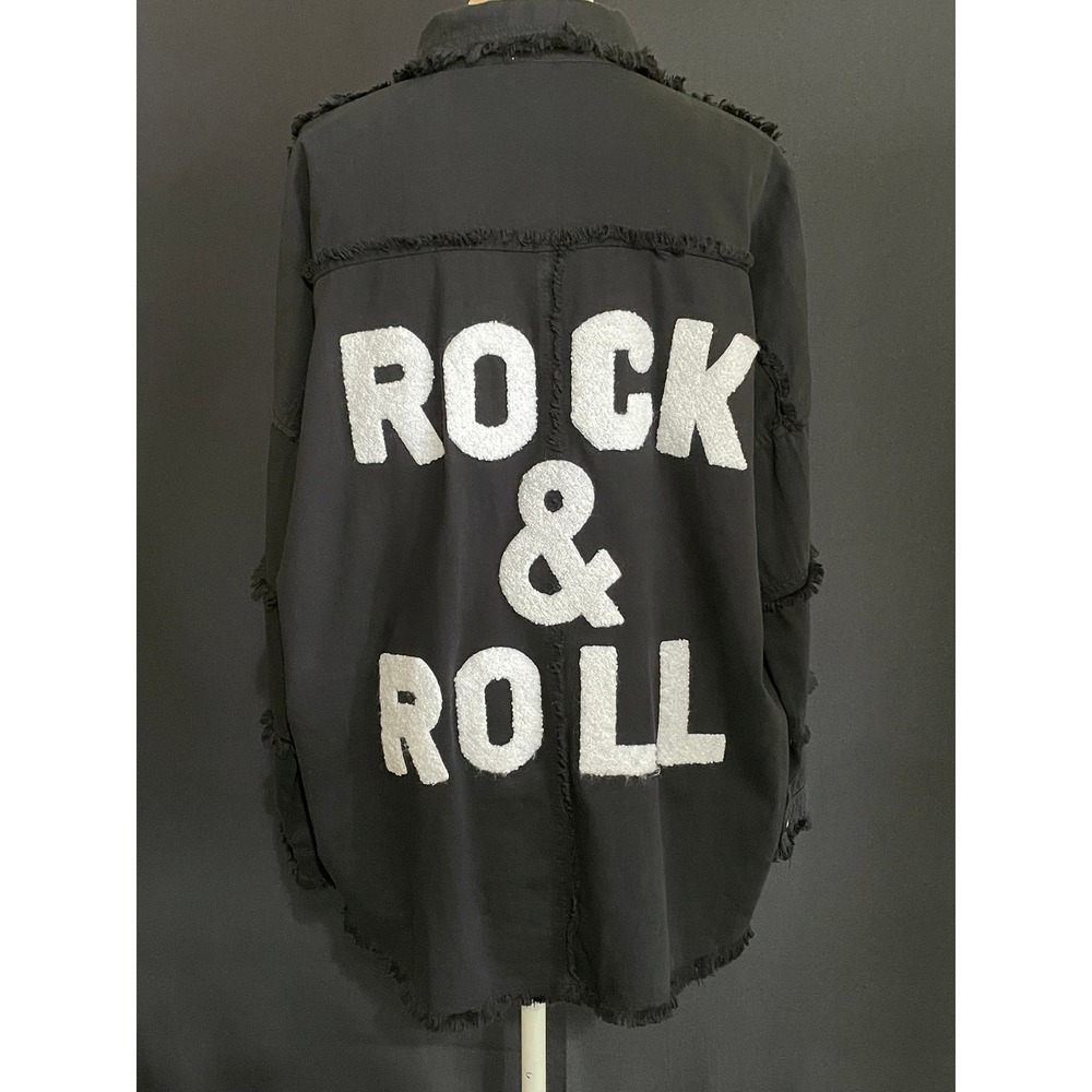 Elan Rock & Roll Graphic Shirt Jacket Women M Black Good Fringed Distressed